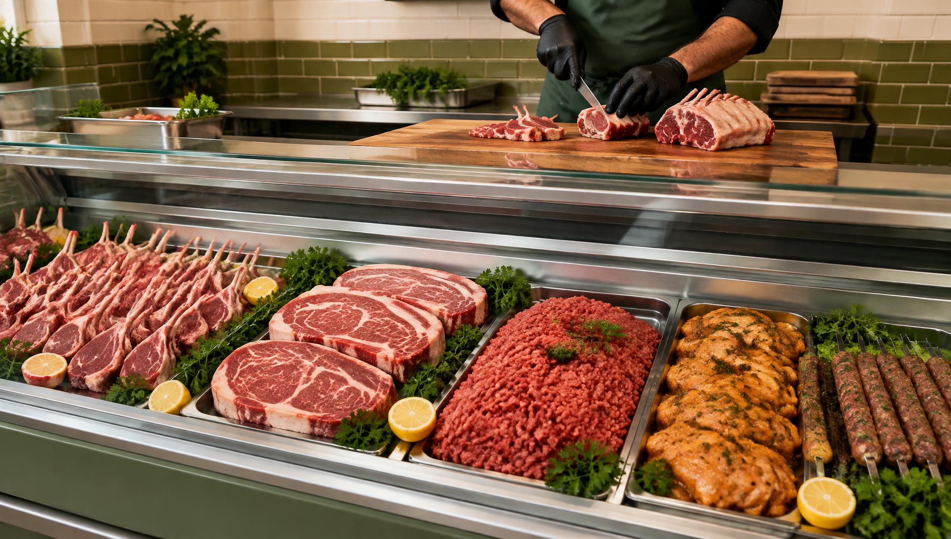 The butcher slicing a lamb shoulder at the counter